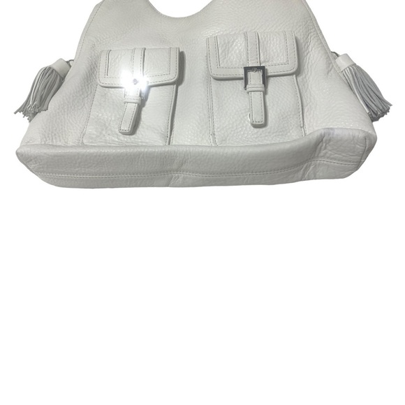 White Genuine Leather Brooks Brothers Tassel Zipper Gusset Handbag - Picture 4 of 16